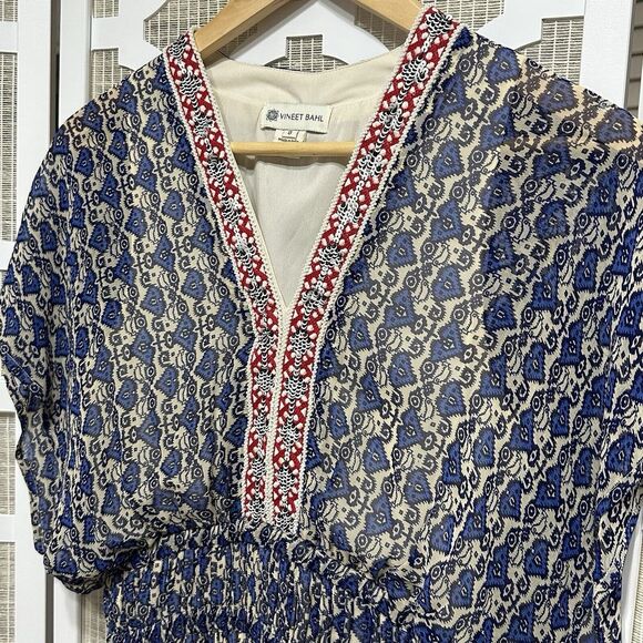 Anthropologie Vineet Bahl Block Print Maxi Dress Women‎ 0 Blue Boho Beaded Fairy - Picture 4 of 12